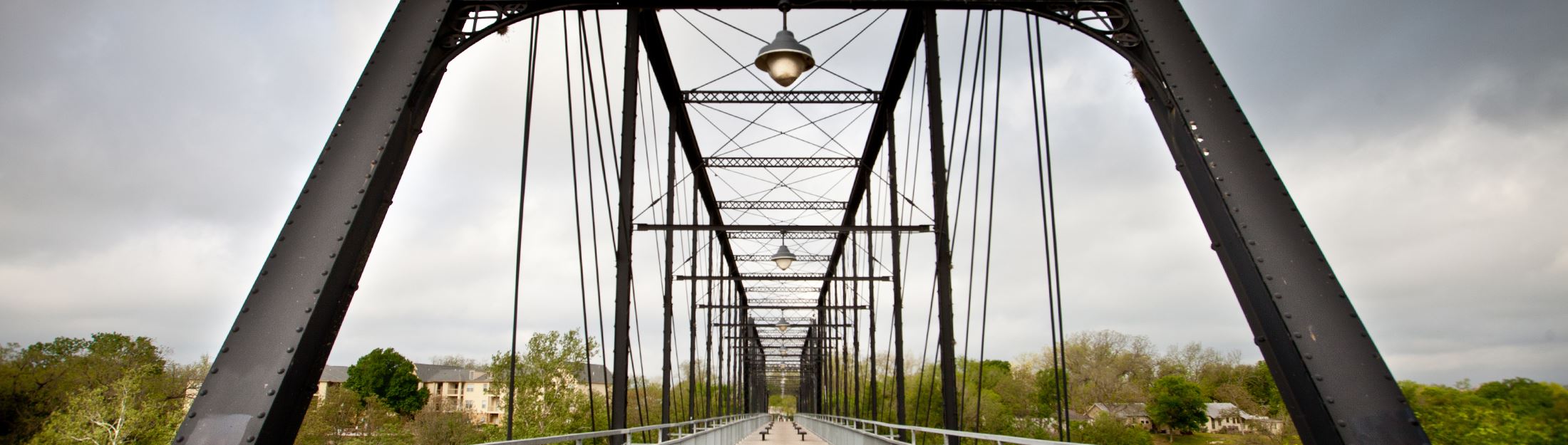 A view of the Faust Street Bridge looking up into the trestle
