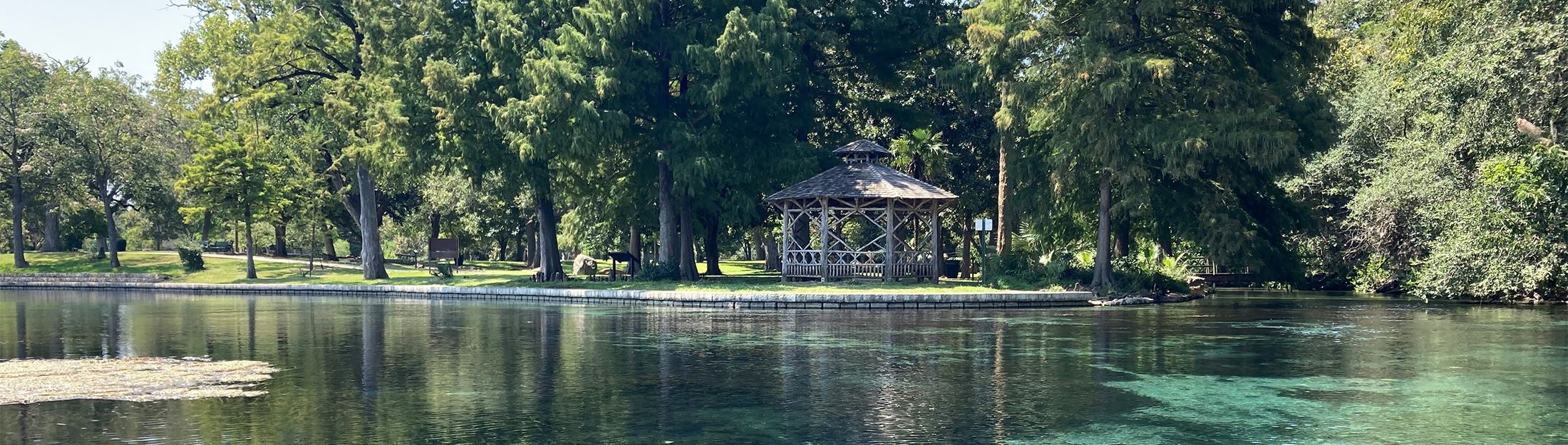 A view across Landa Lake at the Landa Park Gazebo