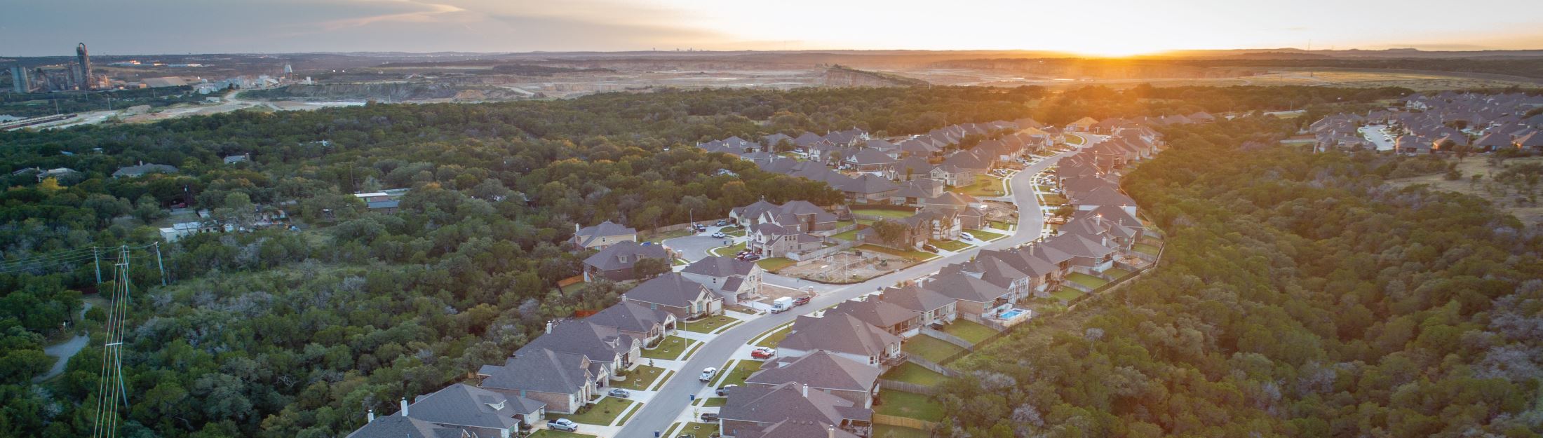 Aerial view of a neighborhood in New Braunfels at sunset