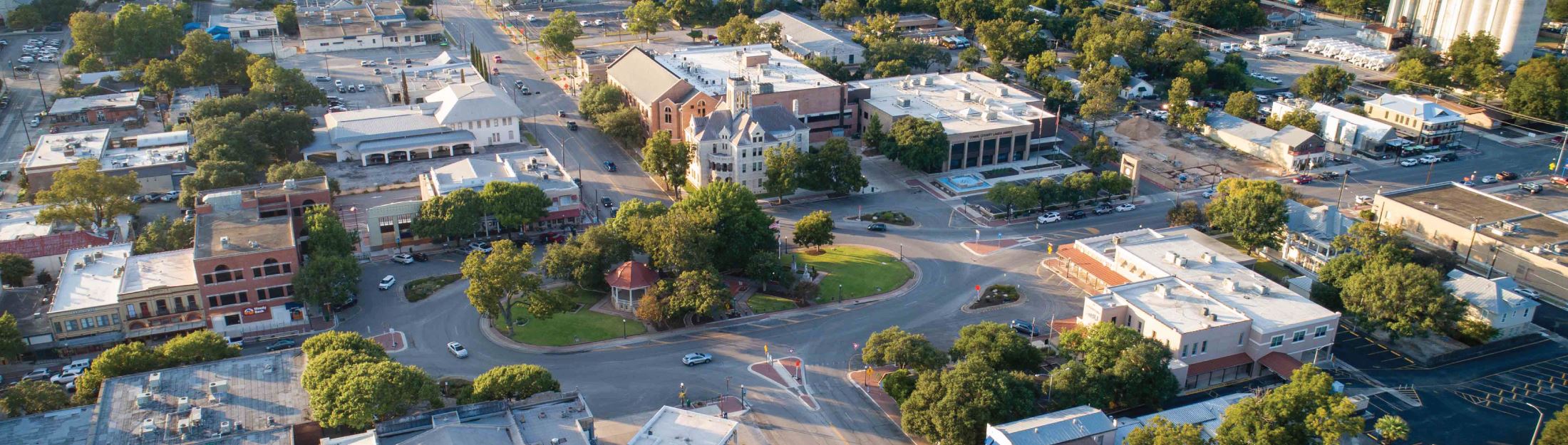 An overhead view of the Main Plaza traffic circle