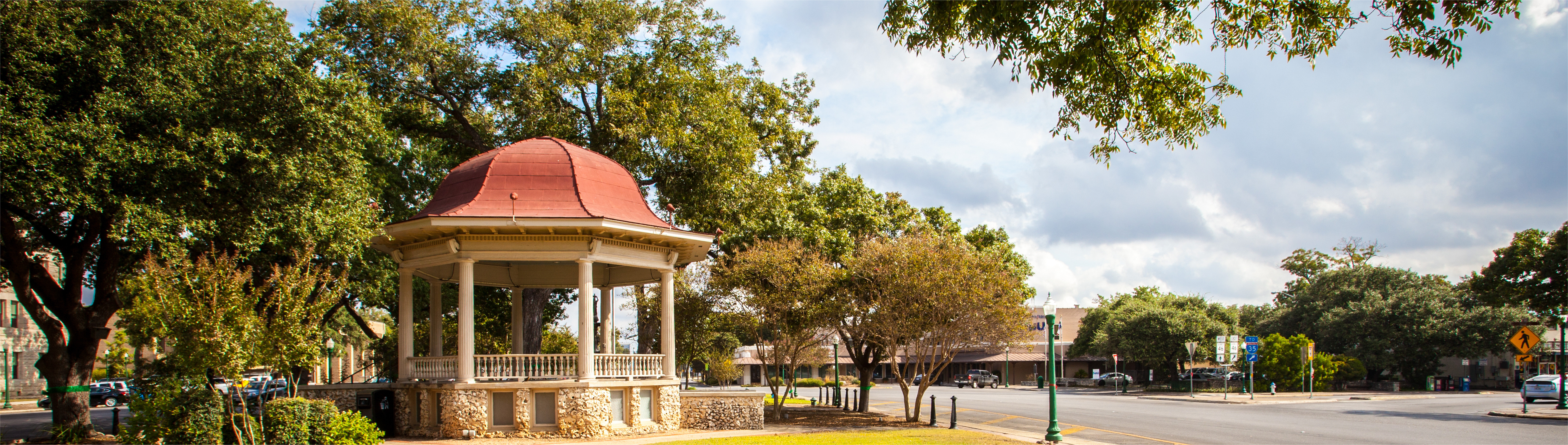 A classic view of the Main Plaza Bandstand on a beautiful day in New Braunfels