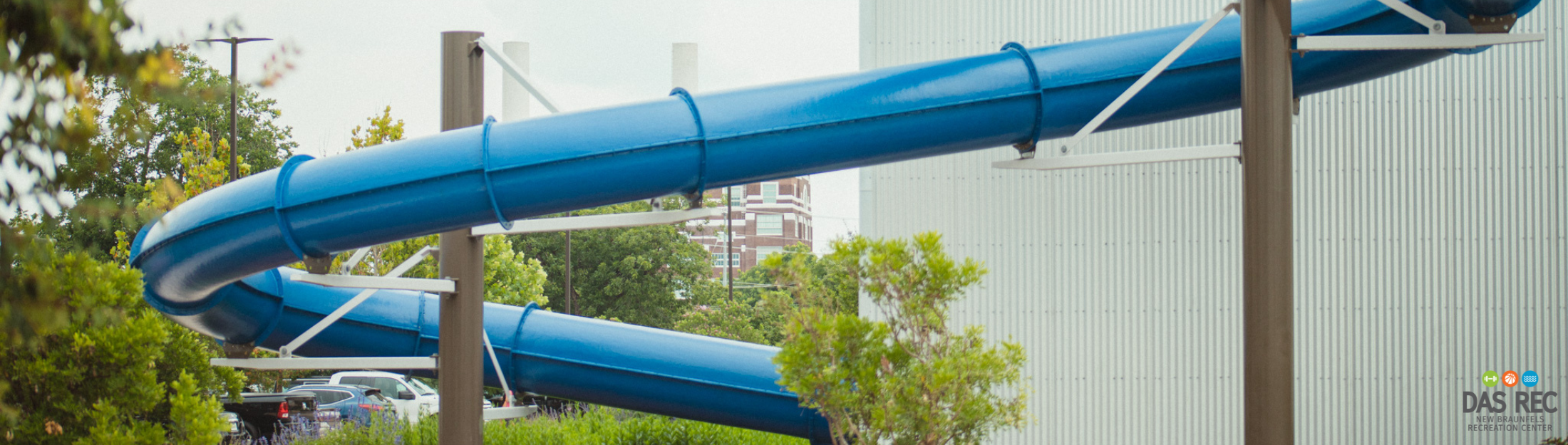 A close up of the portion of the water slide that sticks out from the main building at Das Rec