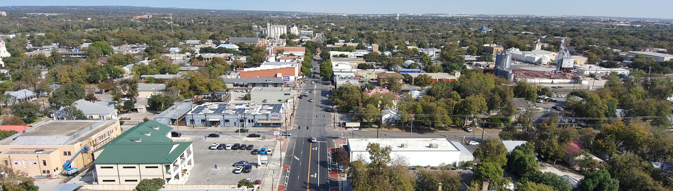 Aerial view of San Antonio Street facing Main Plaza