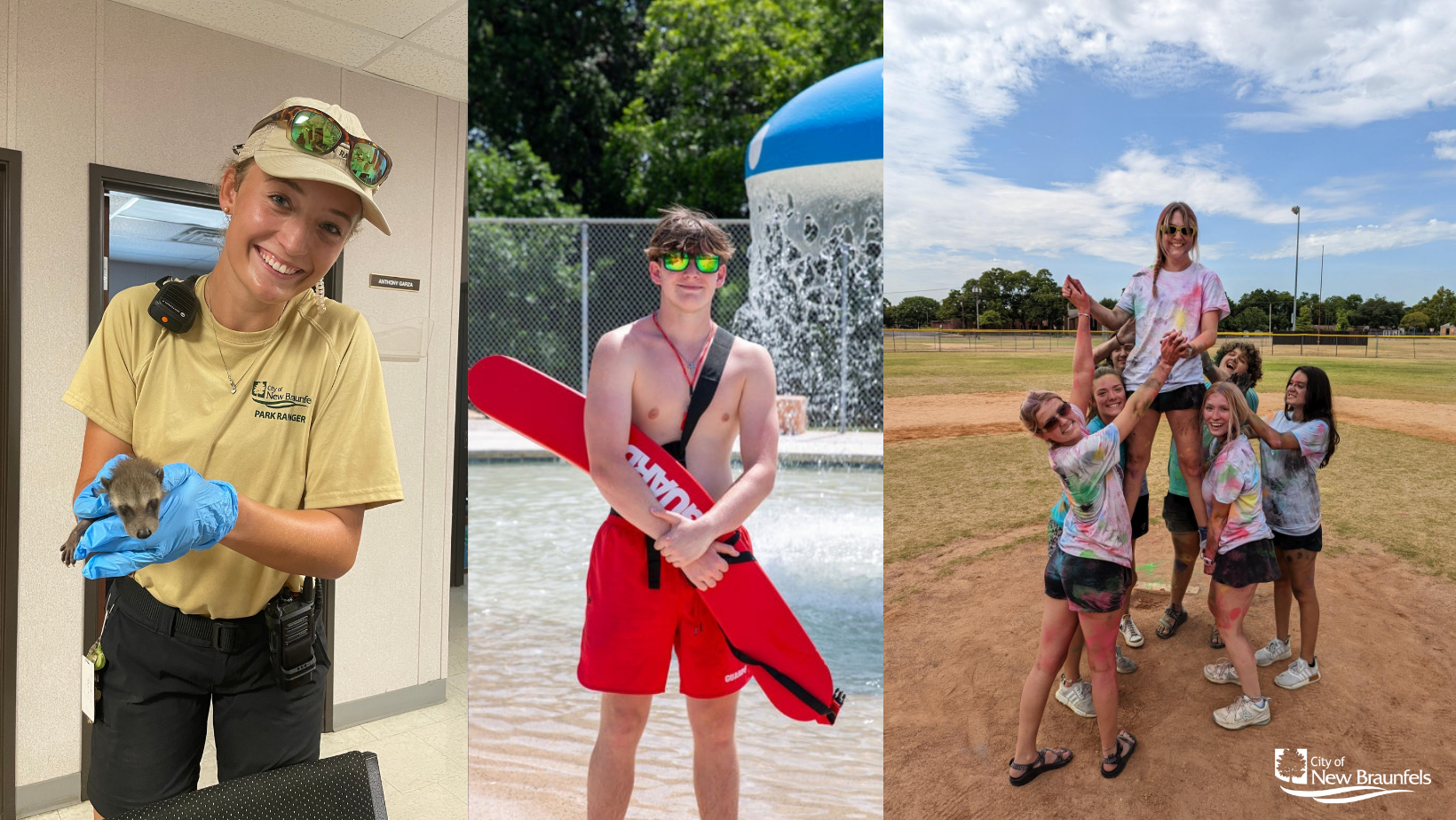 Photos of Summer Jobs featuring a park ranger holding an animal, a lifeguard holding a tube, and cam